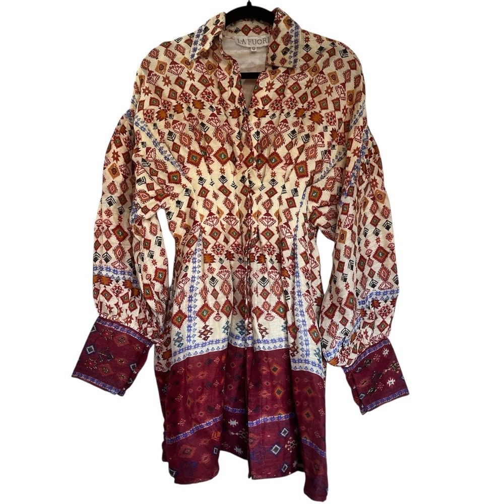 La Fuori Silk Cotton Boho Tunic Dress S Embellished Tribal Print NWT